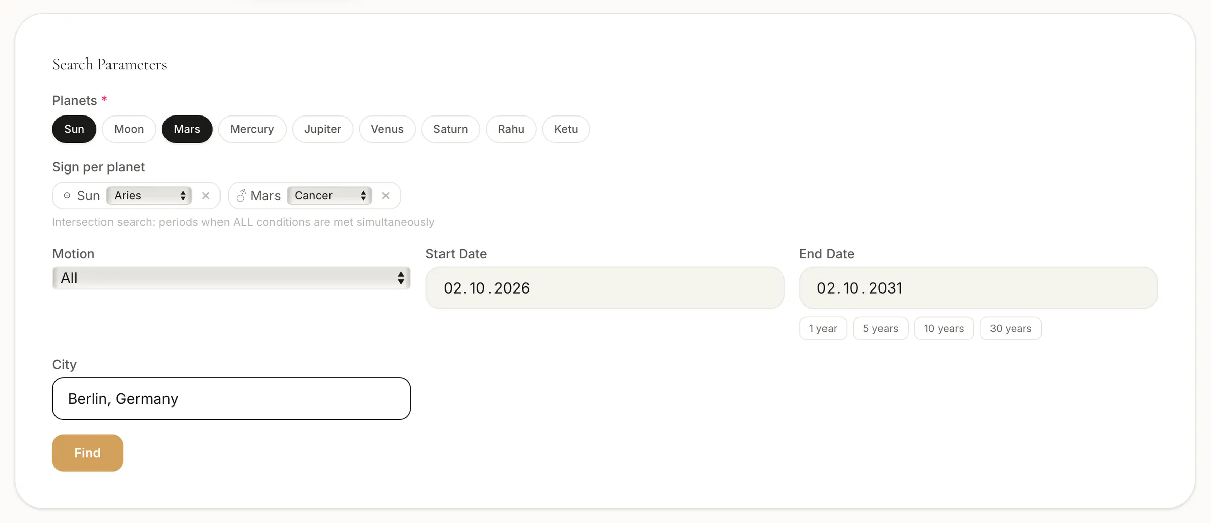 Transit search: planet selection, a date range and presets for 1, 5, 10 and 30 years