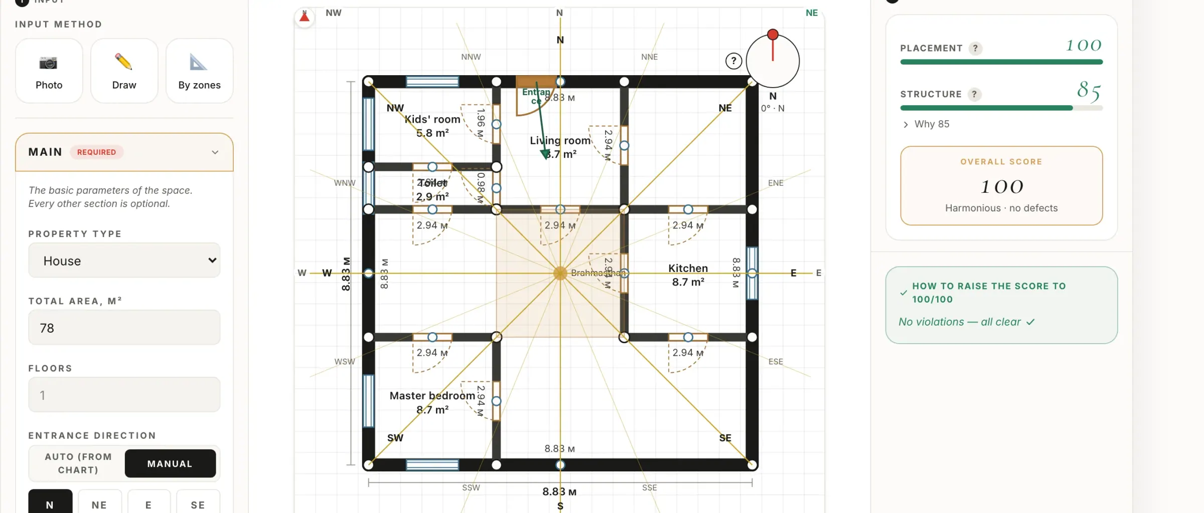 Dharmika — Vastu studio: flat plan with zone scores